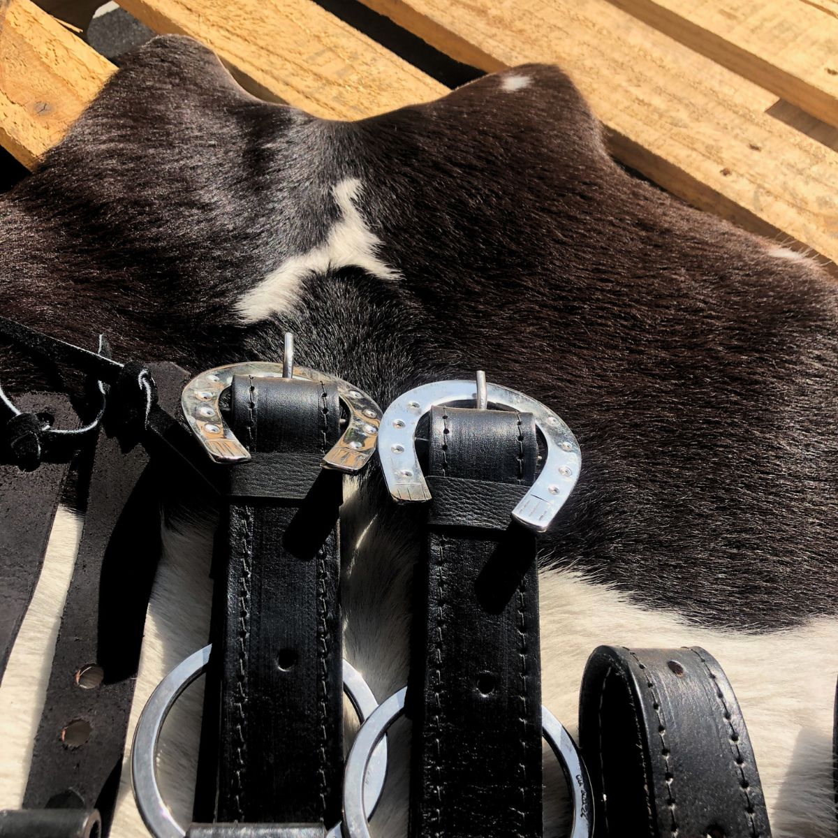 Arreata Em Couro Com Argola Ferradura Inox Preta