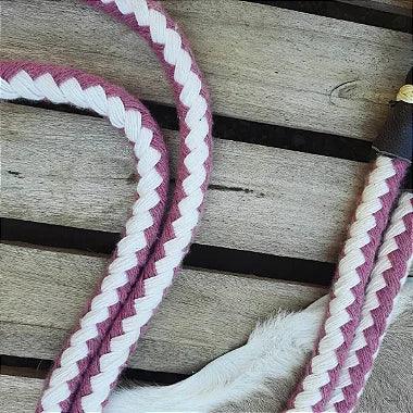 Rédea Lã Trançada com Biqueira em Couro Cru Rosa com Branco