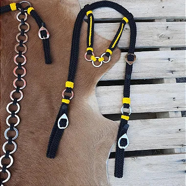 Kit Cabeçada e Peitoral Argolinhas Preto com Amarelo