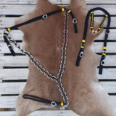 Kit Cabeçada e Peitoral Argolinhas Preto com Amarelo