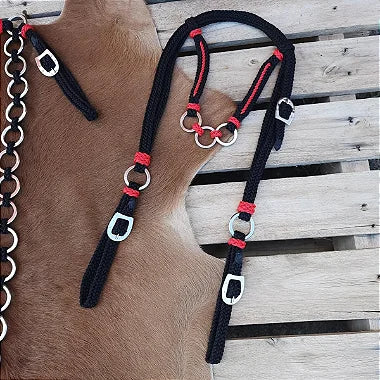 Kit Cabeçada e Peitoral Argolinhas Preto com Vermelho