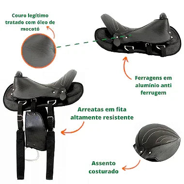 Sela Australiana Preta Simples Passeio Completa com Freio Inox e Baixeiro
